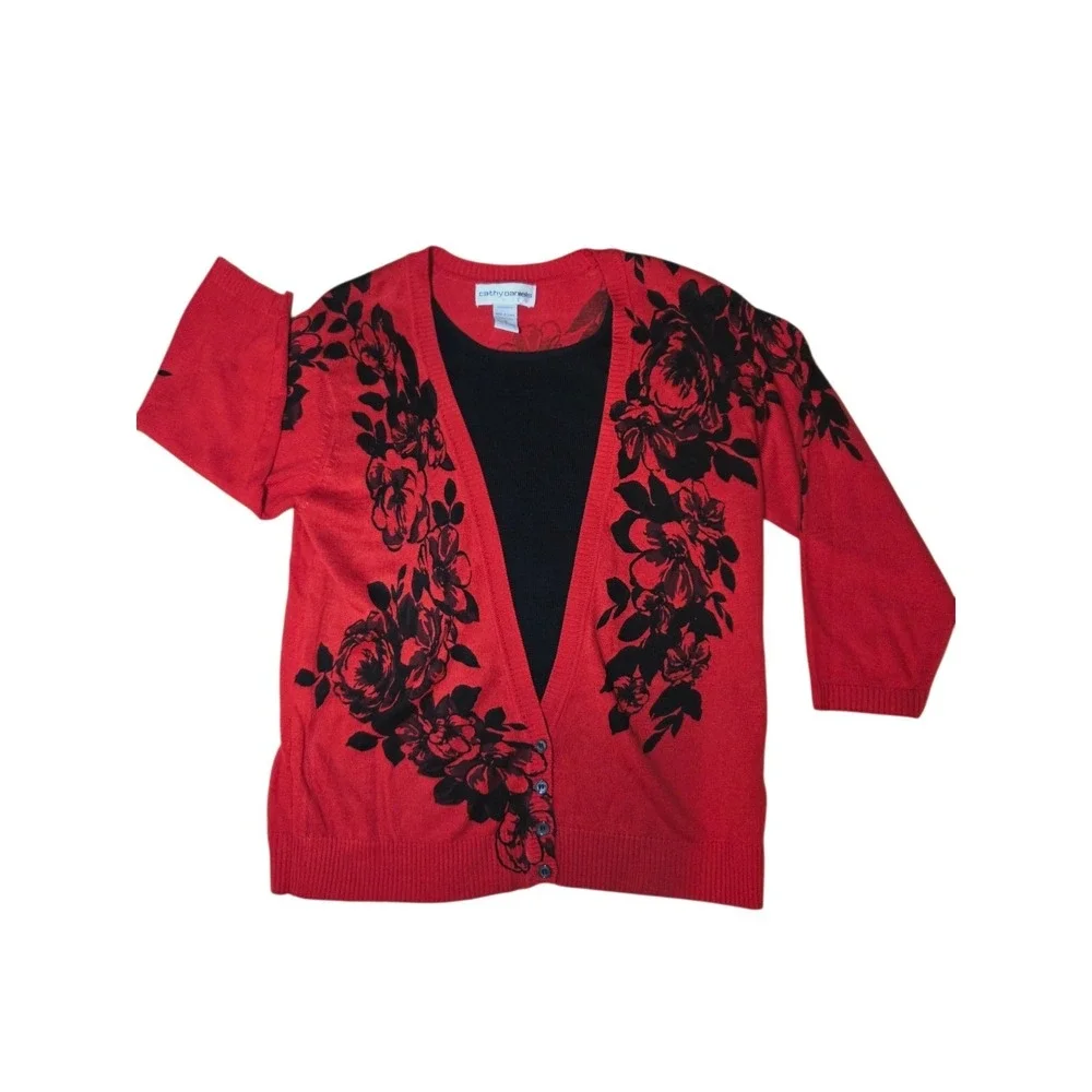 Vtg Red & Black Floral Faux Cardigan Sweater W Dickie 3/4-Sleeve Soft M NWT